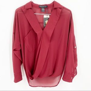 Living Doll Los Angeles NWT Cranberry Wine Blouse Roll Tab Long Sleeves Size XS